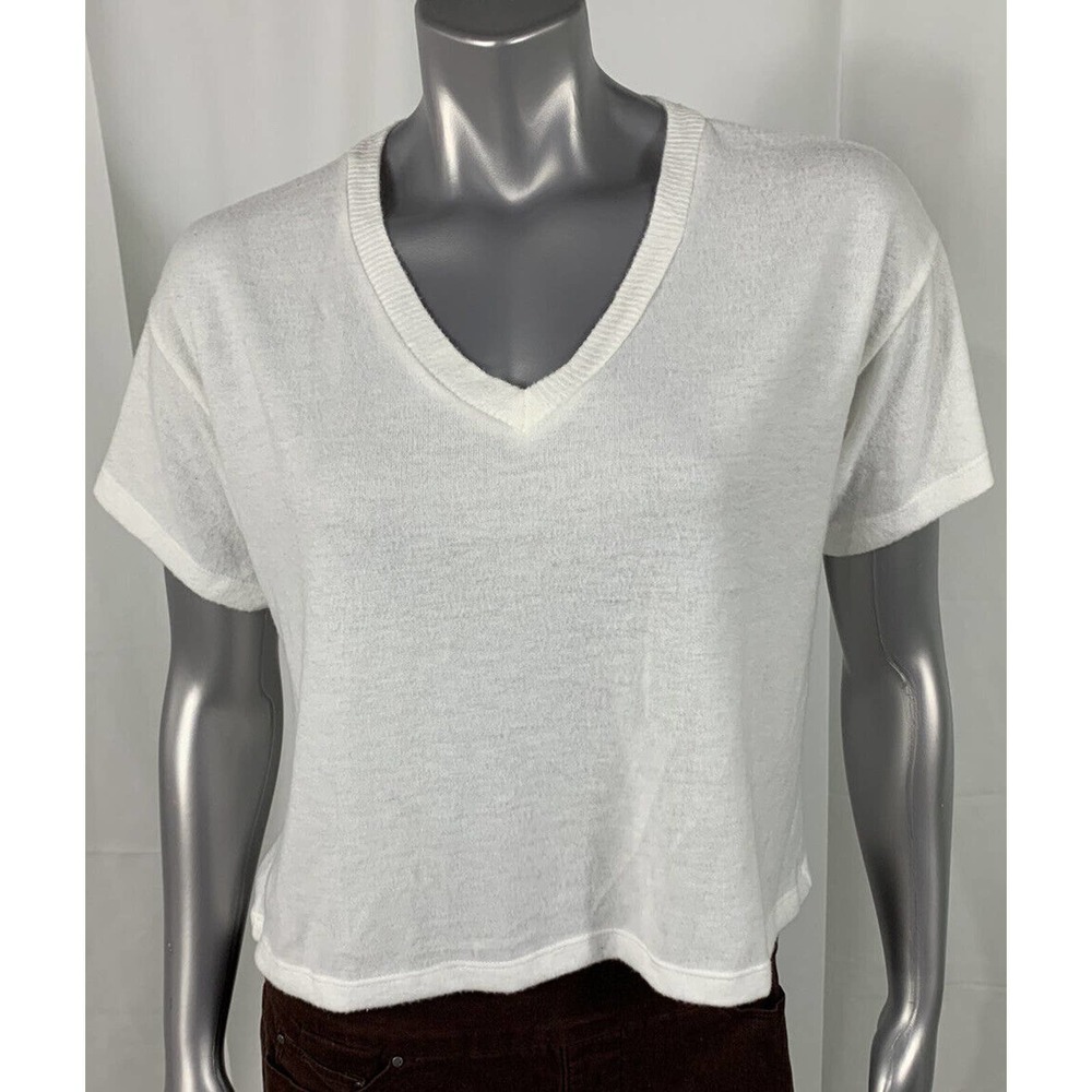 Women's Starlet Fleece Blouse Size S Short Sleeve sweater V-neck White Soft